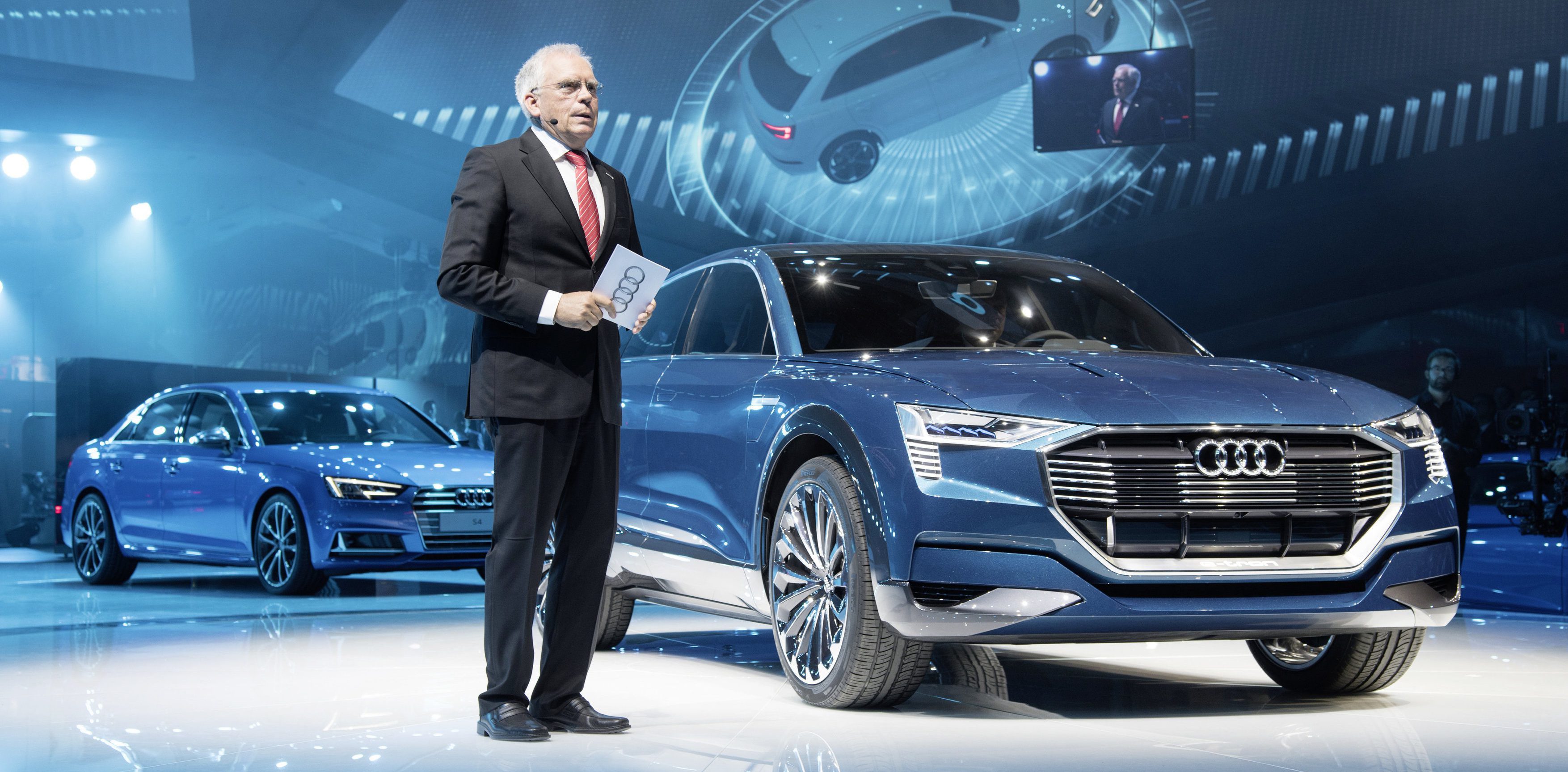 Prof. Dr. Ulrich Hackenberg, Member of the Board of Management of AUDI AG for Technical Development, beside the concept car Audi e-tron quattro at the International Auto Show 2015 in Frankfurt/Main.