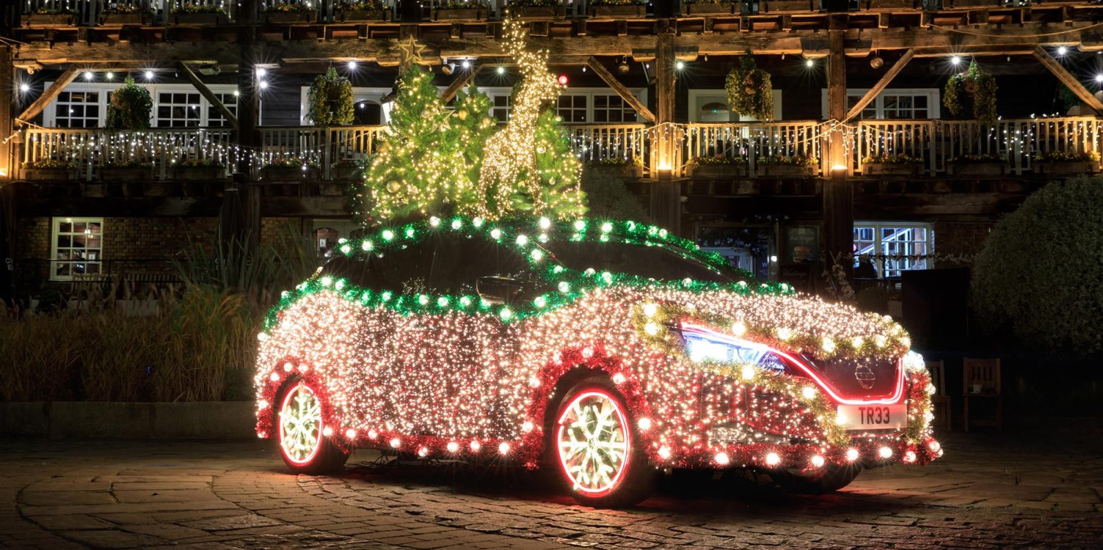 Nissan Leaf decorated for holidays
