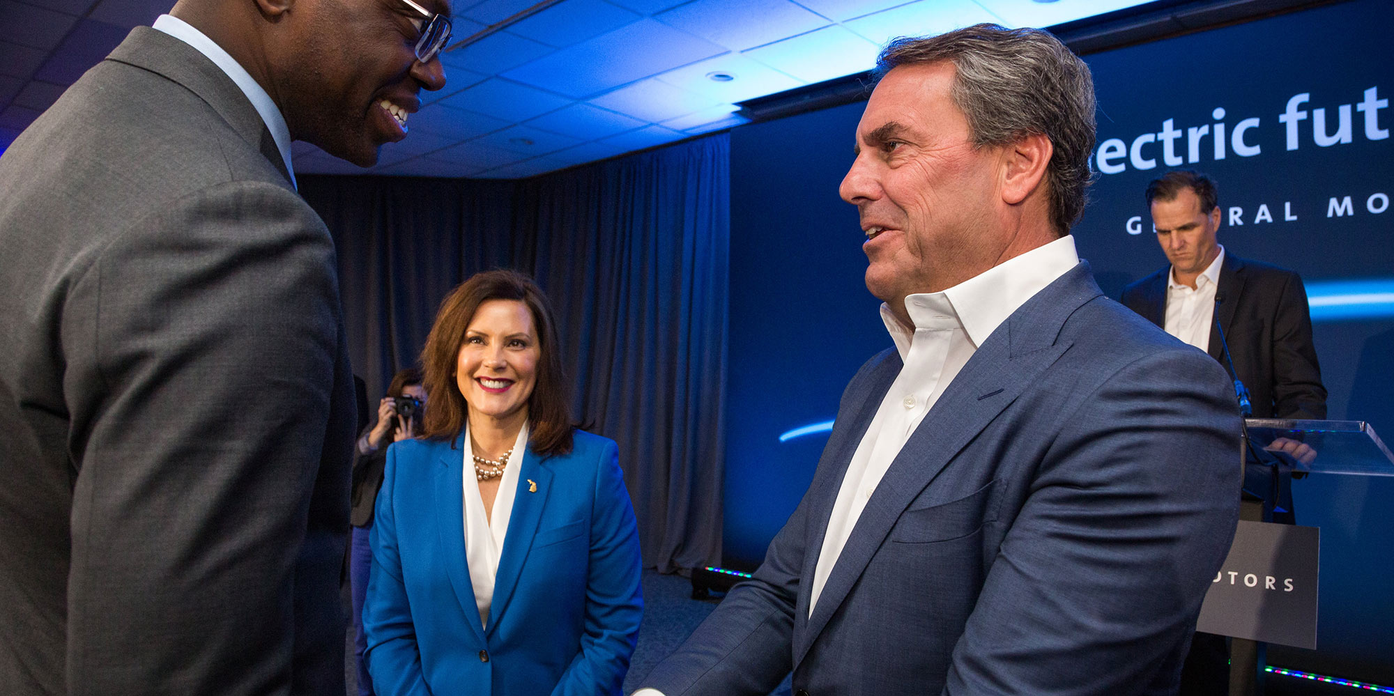 GM President Mark Reuss greets Michigan Lt. Governor Garlin Gilchrist and Michigan Governor Gretchen Whitmer at the GM Detroit- Hamtramck plant.