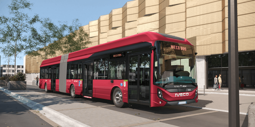 Iveco electric bus rendered in Italian red; via Iveco.